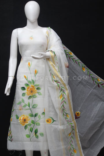White Kota Doria Cotton Hand Pented Dress Material With Bottom.