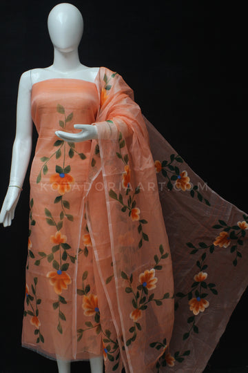 Orange Kota Doria Cotton Hand Pented Dress Material With Bottom.