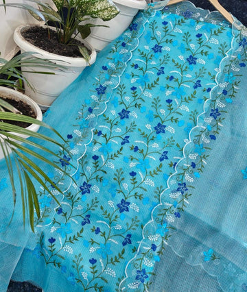 Sky-blue Kota Doria Cotton Embroidery Work Dress Material