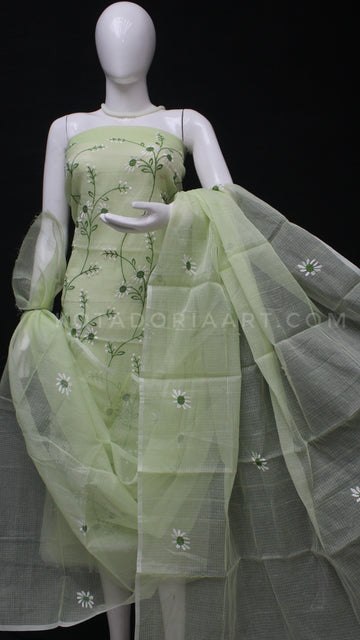 Pista Green Kota Doria Cotton Embroidery Work Dress Material -