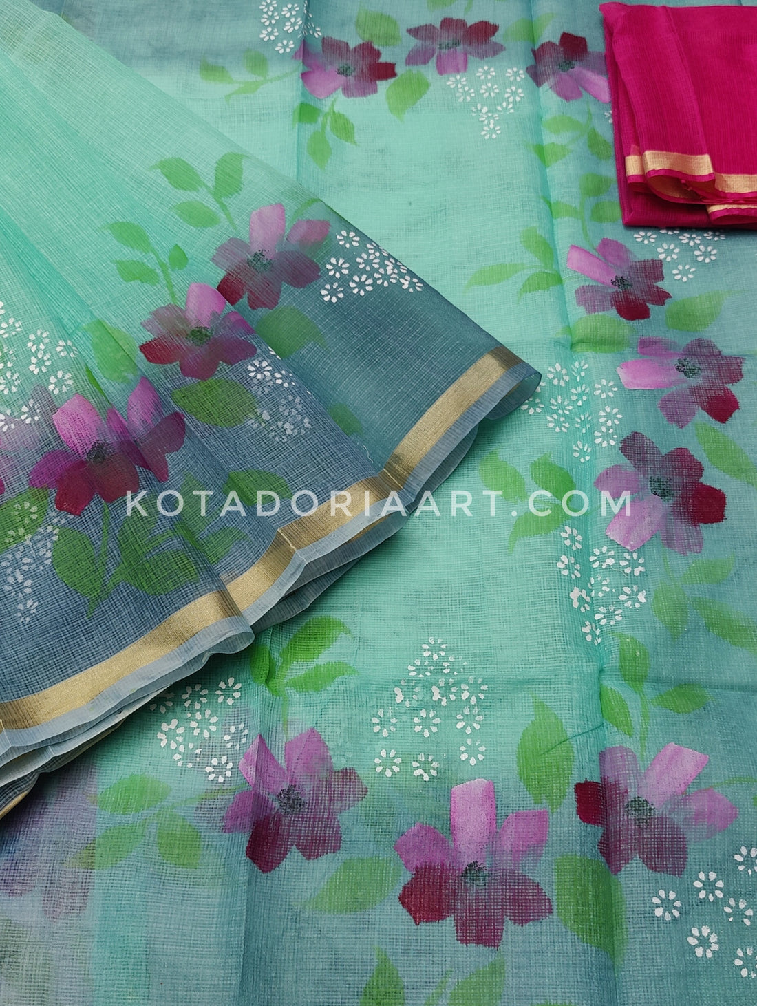 Sea Green Cotton Kota Doria Hand Painted Saree With Contrast Blouse