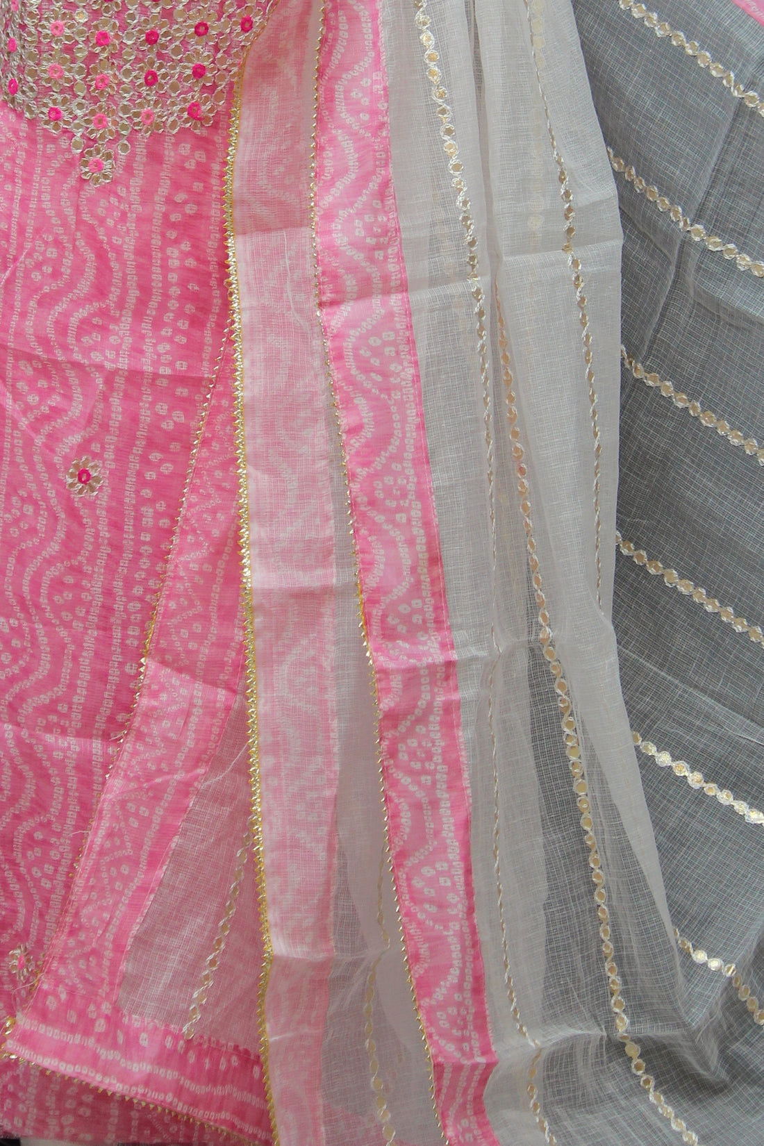 Pink Bandhej Kota Doria Cotton Gota-Patti Work Dress Material