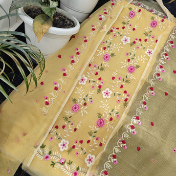 Yellow Kota Doria Cotton Embroidery Work Dress Material