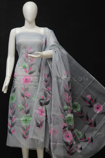 Gray Kota Doria Cotton Hand Pented Dress Material With Bottom.
