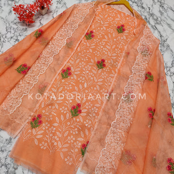 Orange Kota Doria Cotton Embroidery Work Dress Material -