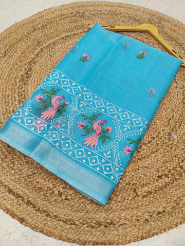 Sea Green Cotton Kota Doria Embroidery Work Saree With Contrast Blouse Piece