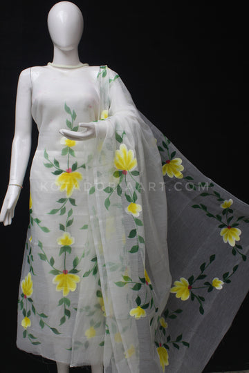 White Kota Doria Cotton Hand Pented Dress Material With Bottom.