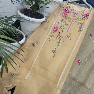 Yellow Doria Cotton Embroidery Work Dress Material