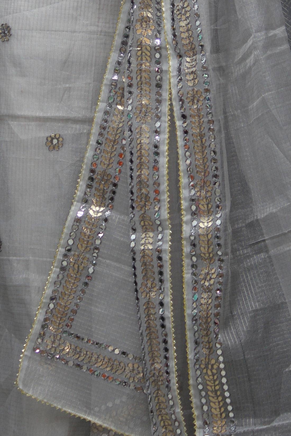 Gray Kota Doria Cotton Gota-Patti Work Dress Material with Bottom