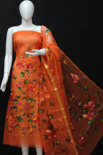 Orange Kota Doria Cotton Hand Pented Dress Material With Bottom.