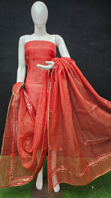 Red Kota Doria Cotton Gota-Patti Work Dress Material with Bottom