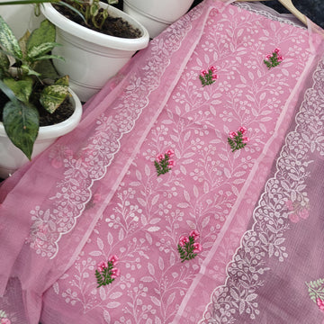 Pink Kota Doria Cotton Embroidery Work Dress Material
