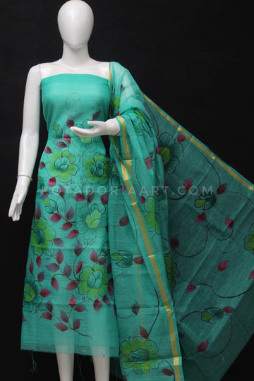 Sea Green Kota Doria Cotton Hand Pented Dress Material With Bottom.