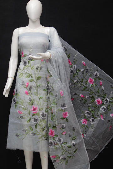 Gray Doria Cotton Hand Pented Dress Material With Bottom.