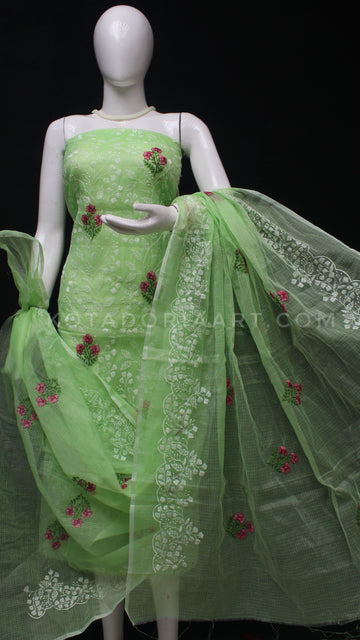 Green Kota Doria Cotton Embroidery Work Dress Material -