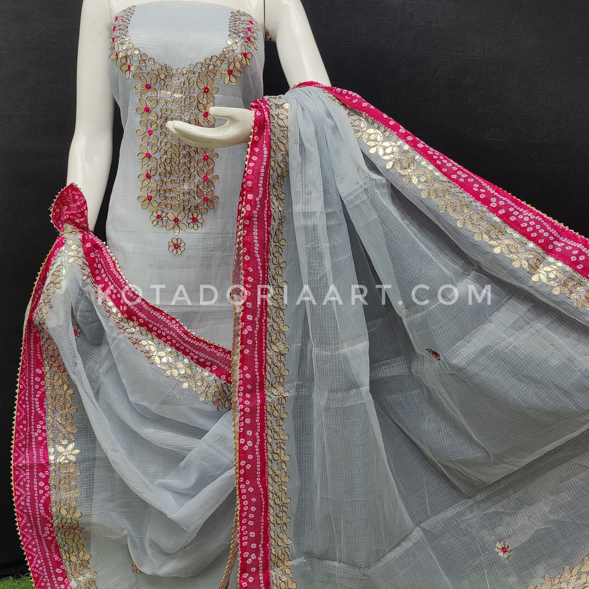Gray Bandhej Border Kota Doria Cotton Gota-Patti Work Dress Material