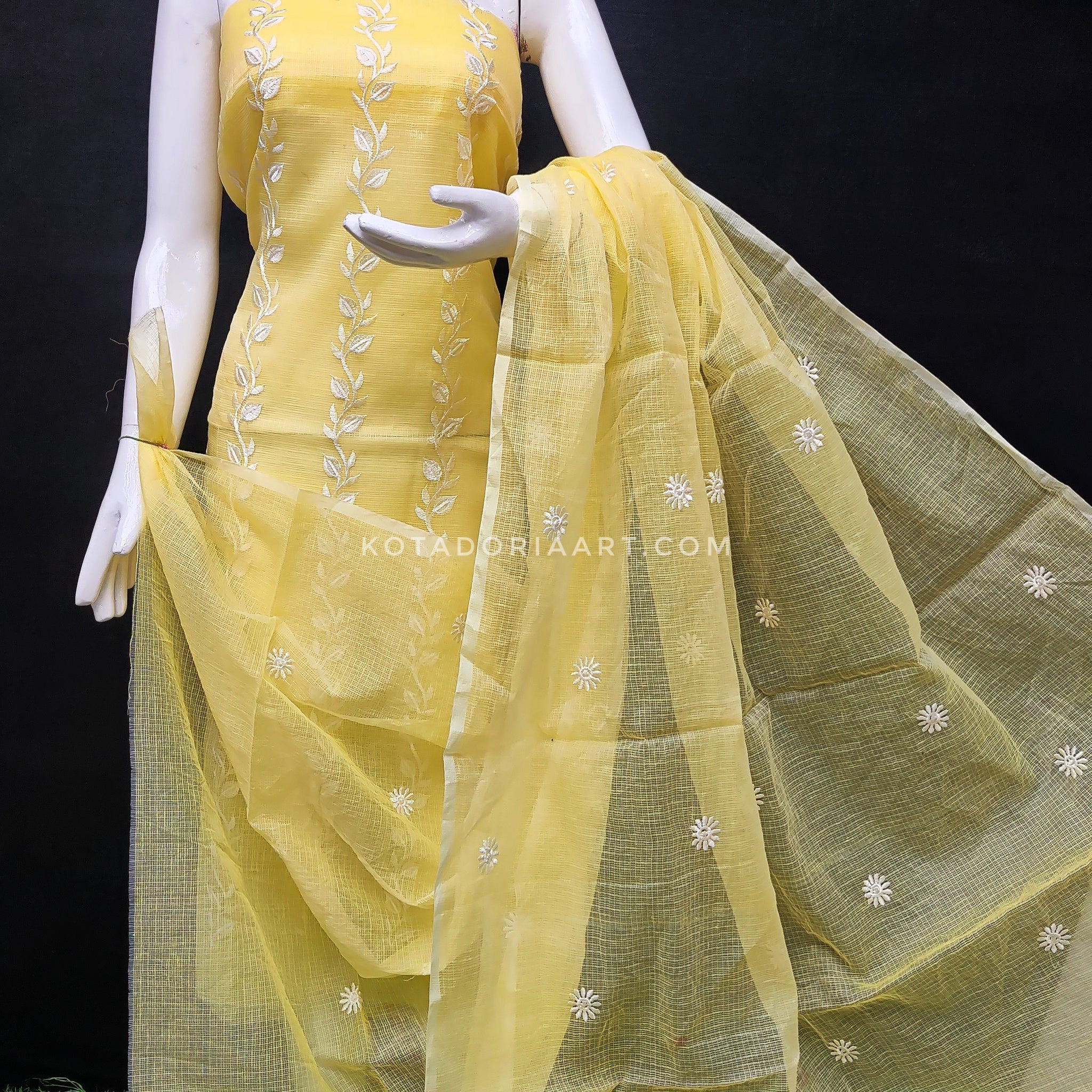Yellow Kota Doria Cotton Embroidery Work Dress Material