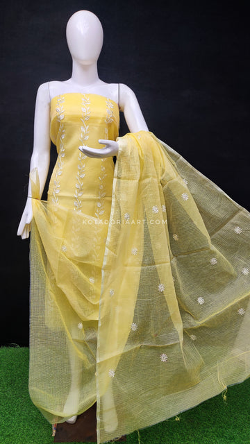 Yellow Kota Doria Cotton Embroidery Work Dress Material