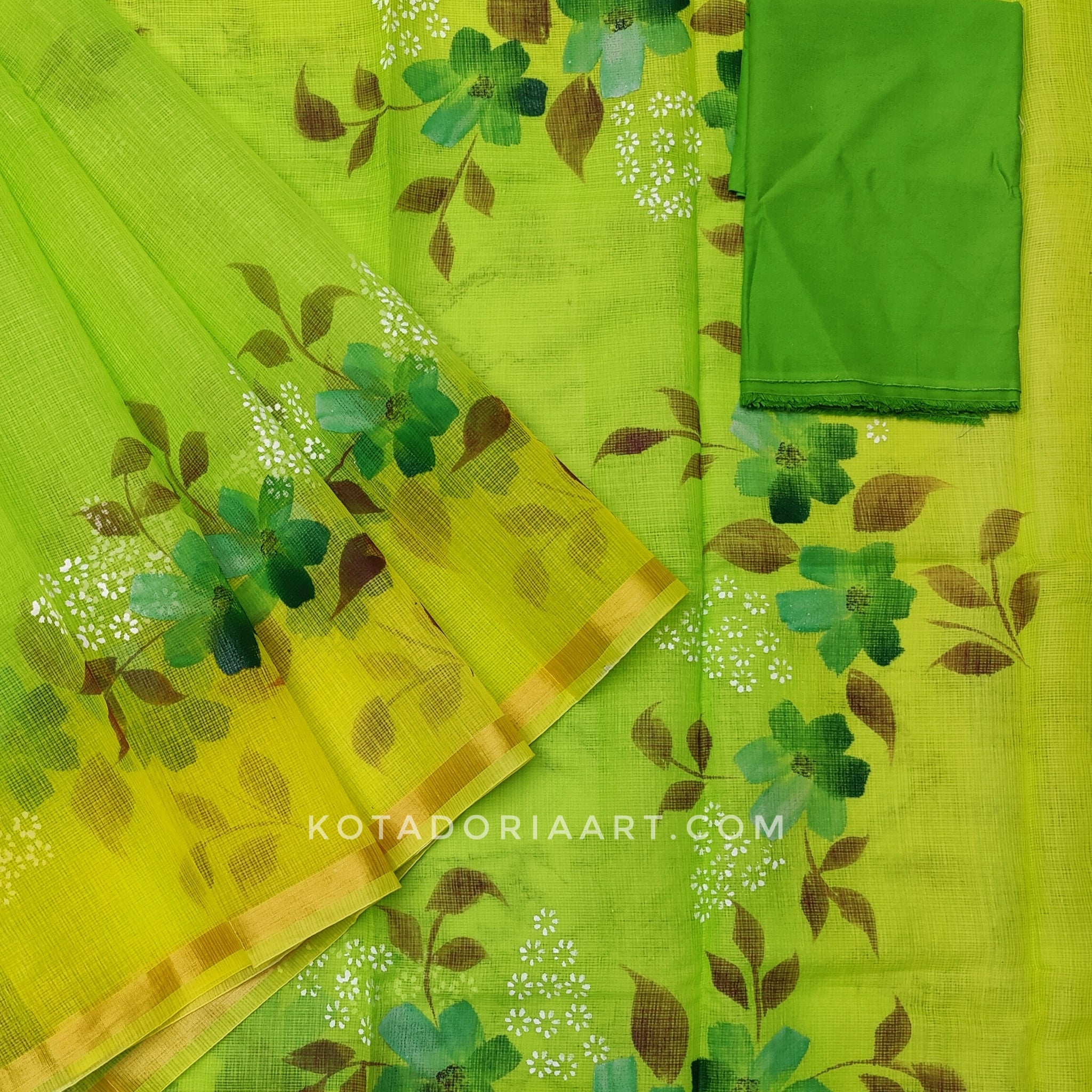 Green Cotton Kota Doria Hand Painted Saree With Contrast Blouse