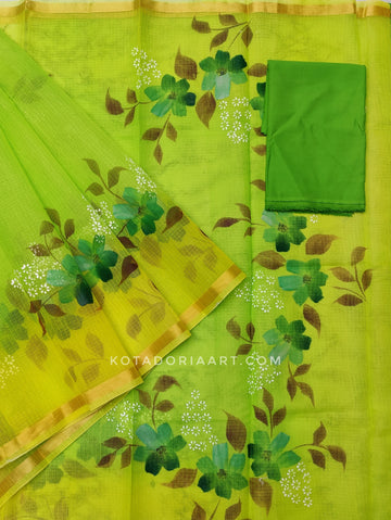 Green Cotton Kota Doria Hand Painted Saree With Contrast Blouse