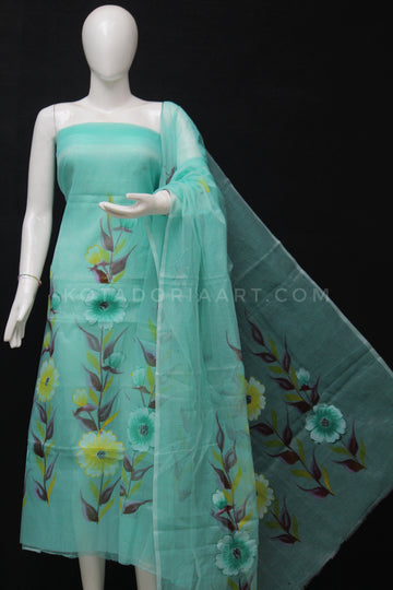 Sea Green Kota Doria Cotton Hand Pented Dress Material With Bottom.