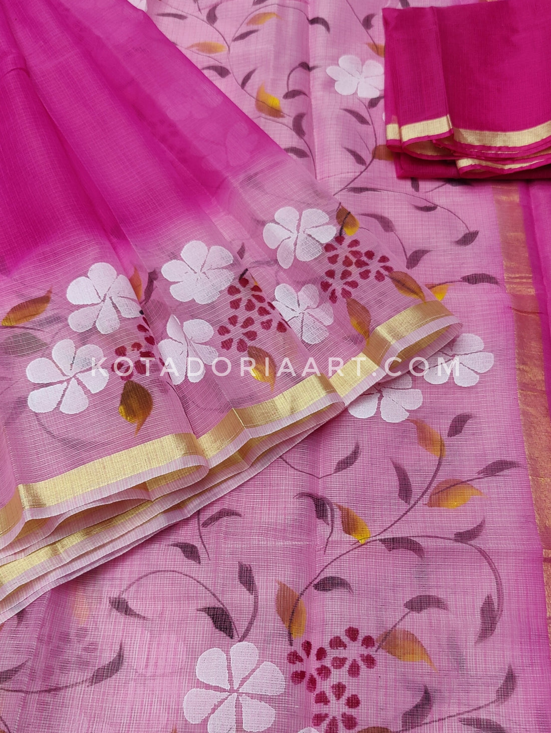 Raani Cotton Kota Doria Hand Painted Saree With Contrast Blouse