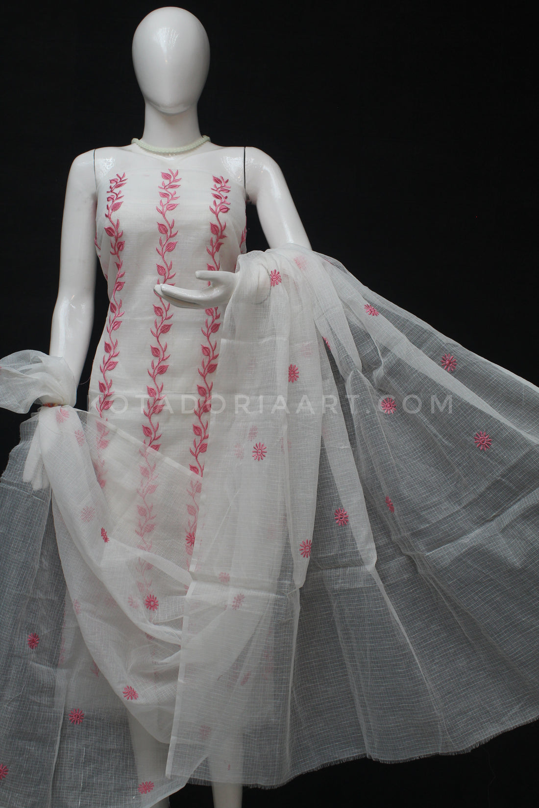 White Kota Doria Cotton Embroidery Work Dress Material