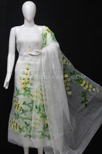 White Kota Doria Cotton Hand Pented Dress Material With Bottom.