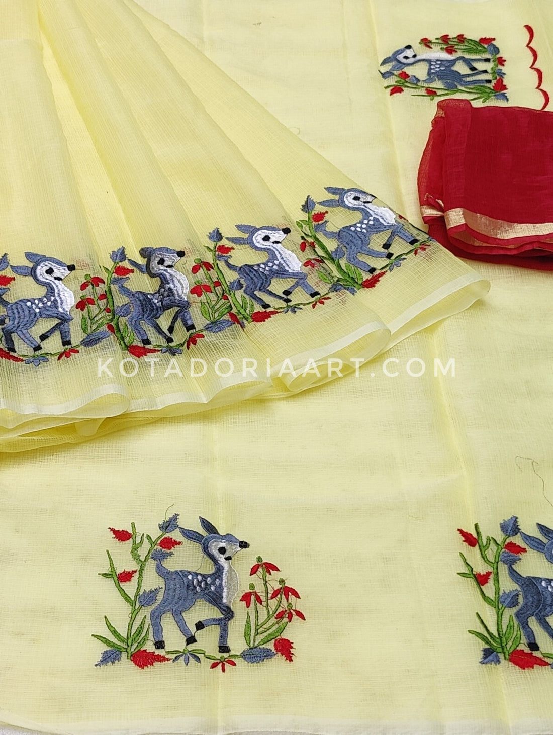Lemon Cotton Kota Doria Embroidery Work Saree With Contrast Blouse Piece