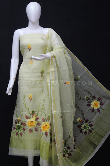 Pista Green Kota Doria Cotton Hand Pented Dress Material With Bottom.
