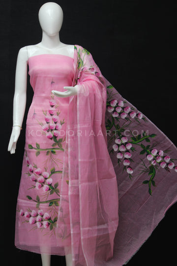 Pink Kota Doria Cotton Hand Pented Dress Material With Bottom.