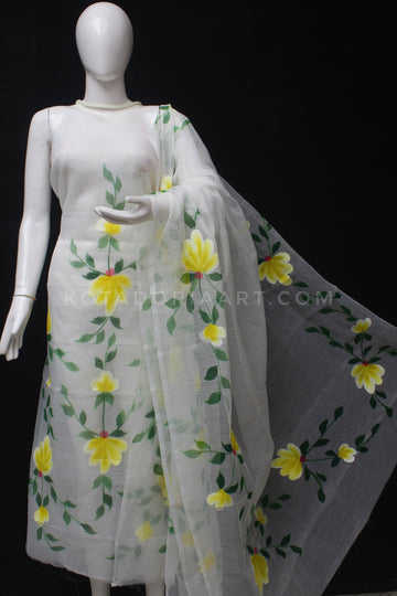White Kota Doria Cotton Hand Pented Dress Material With Bottom.