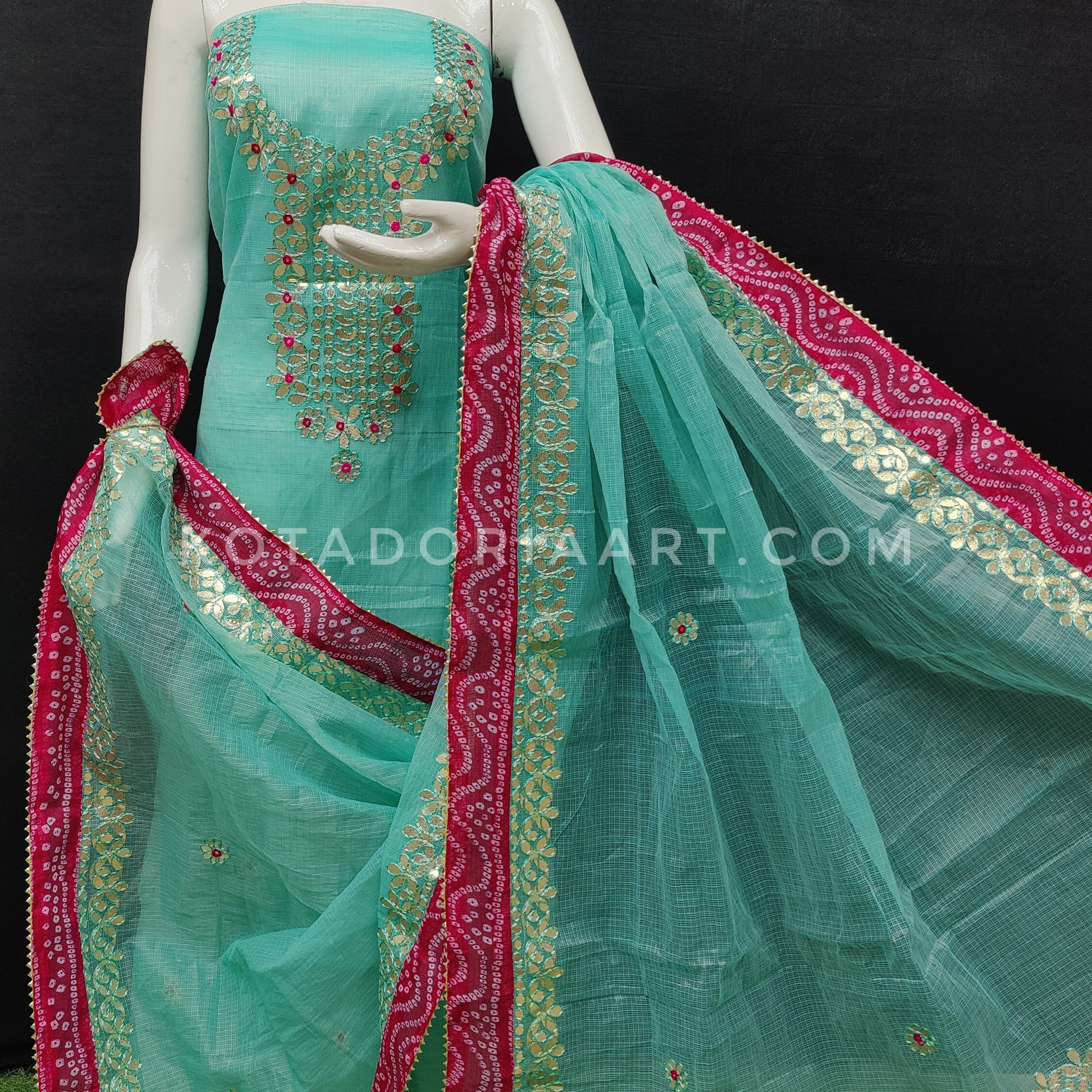 Sea-Green Bandhej Border Kota Doria Cotton Gota-Patti Work Dress Material