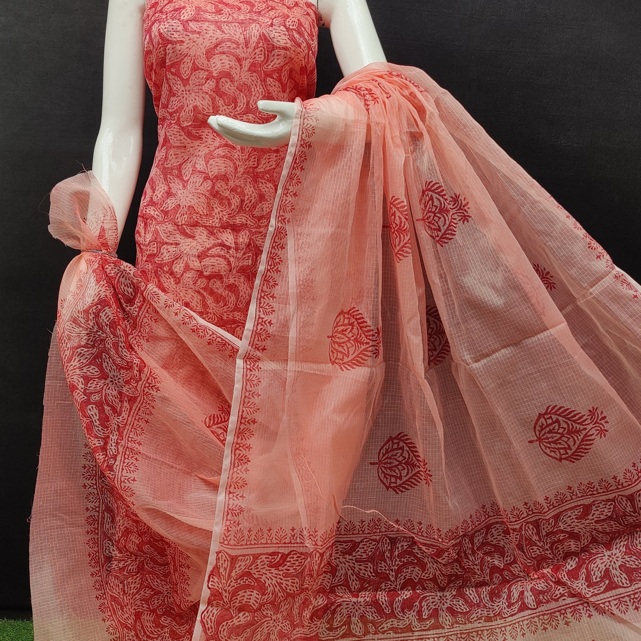 Red Kota Doria Cotton Block Printed Dress Material