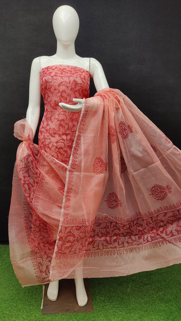 Red Kota Doria Cotton Block Printed Dress Material