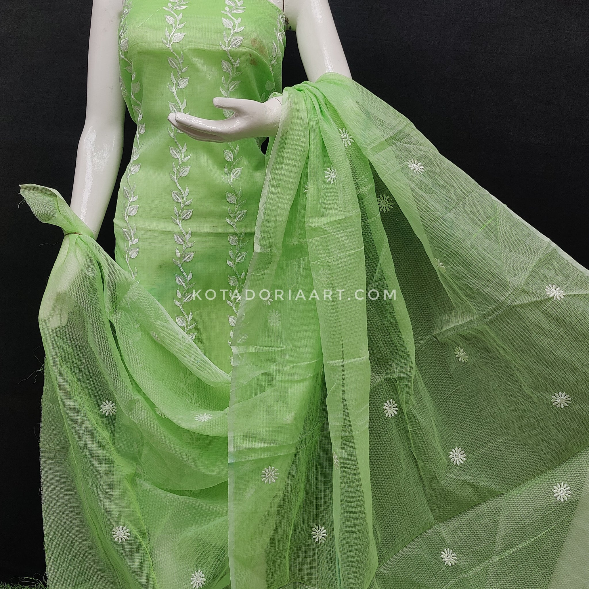 Green Kota Doria Cotton Embroidery Work Dress Material