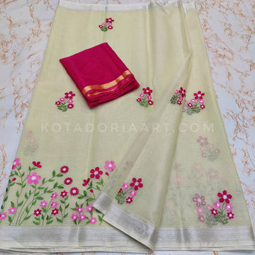 Pista-green Cotton Kota Doria Embroidery Work Saree With Contrast Blouse Piece