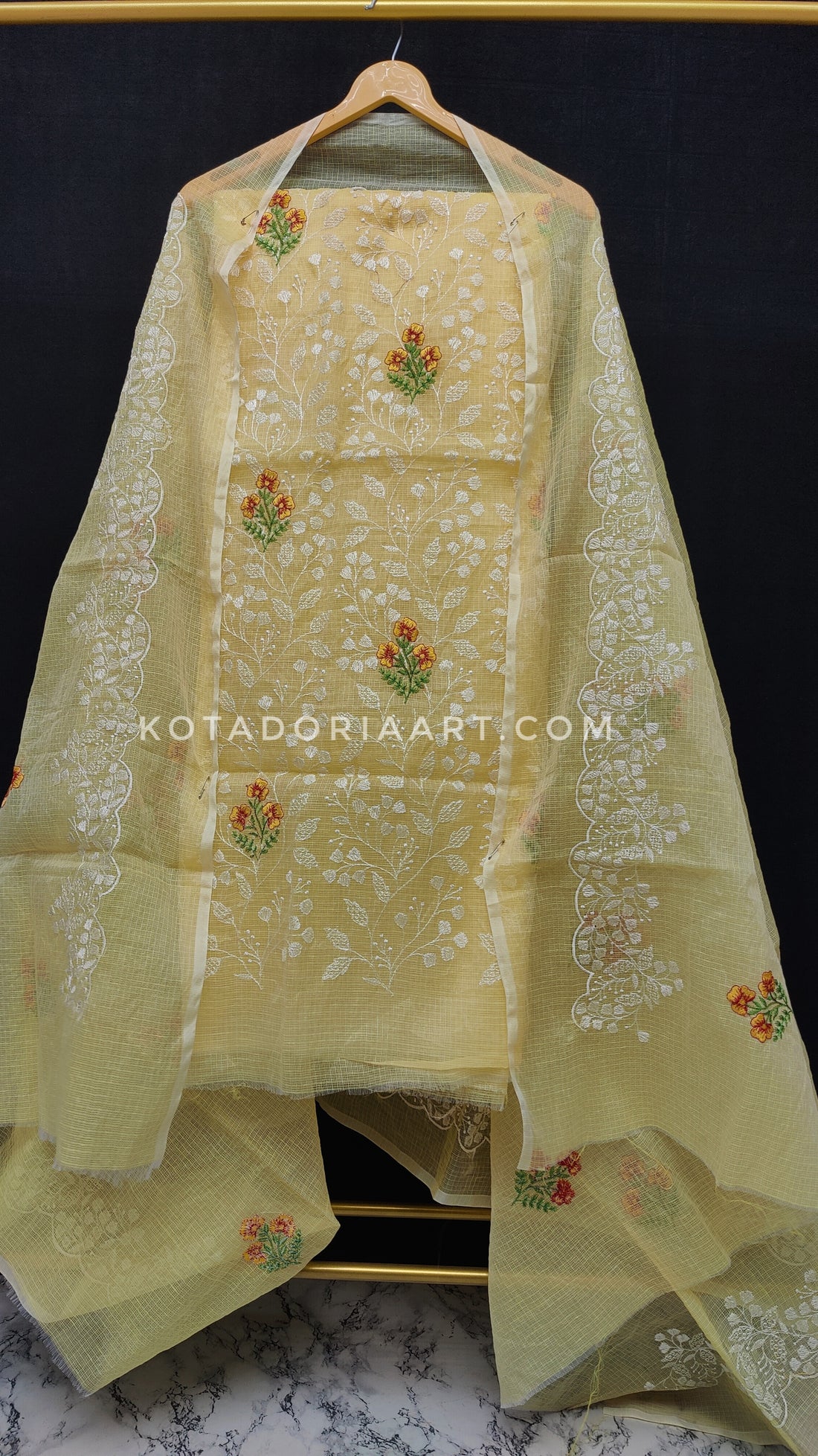 Yellow Kota Doria Cotton Embroidery Work Dress Material -