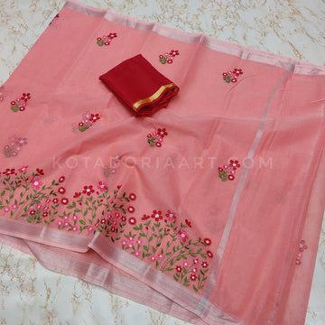 Peach Cotton Kota Doria Embroidery Work Saree With Contrast Blouse Piece