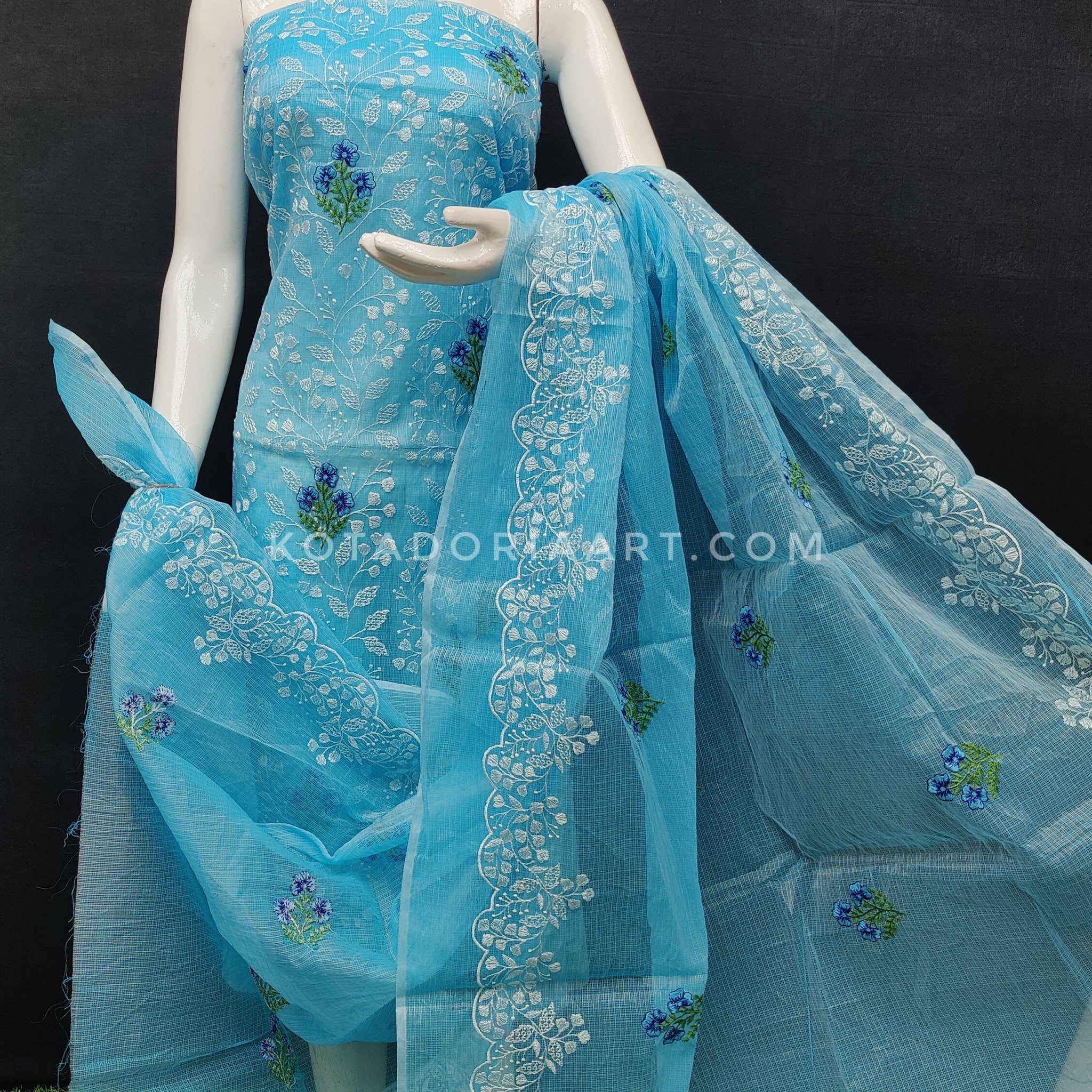 Sky-blue Kota Doria Cotton Embroidery Work Dress Material