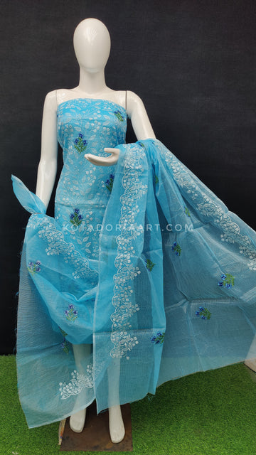 Sky-blue Kota Doria Cotton Embroidery Work Dress Material