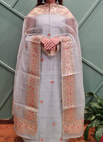 Gray Kota Doria Cotton Gota-Patti Work Dress Material With Bottom.