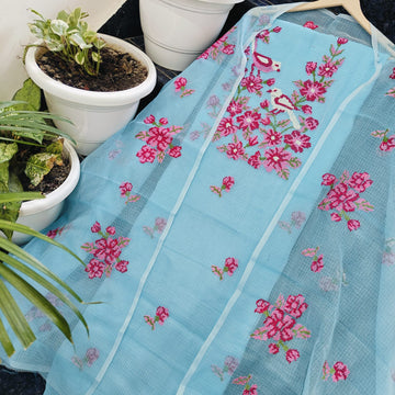 Sky-blue Kota Doria Cotton Embroidery Work Dress Material