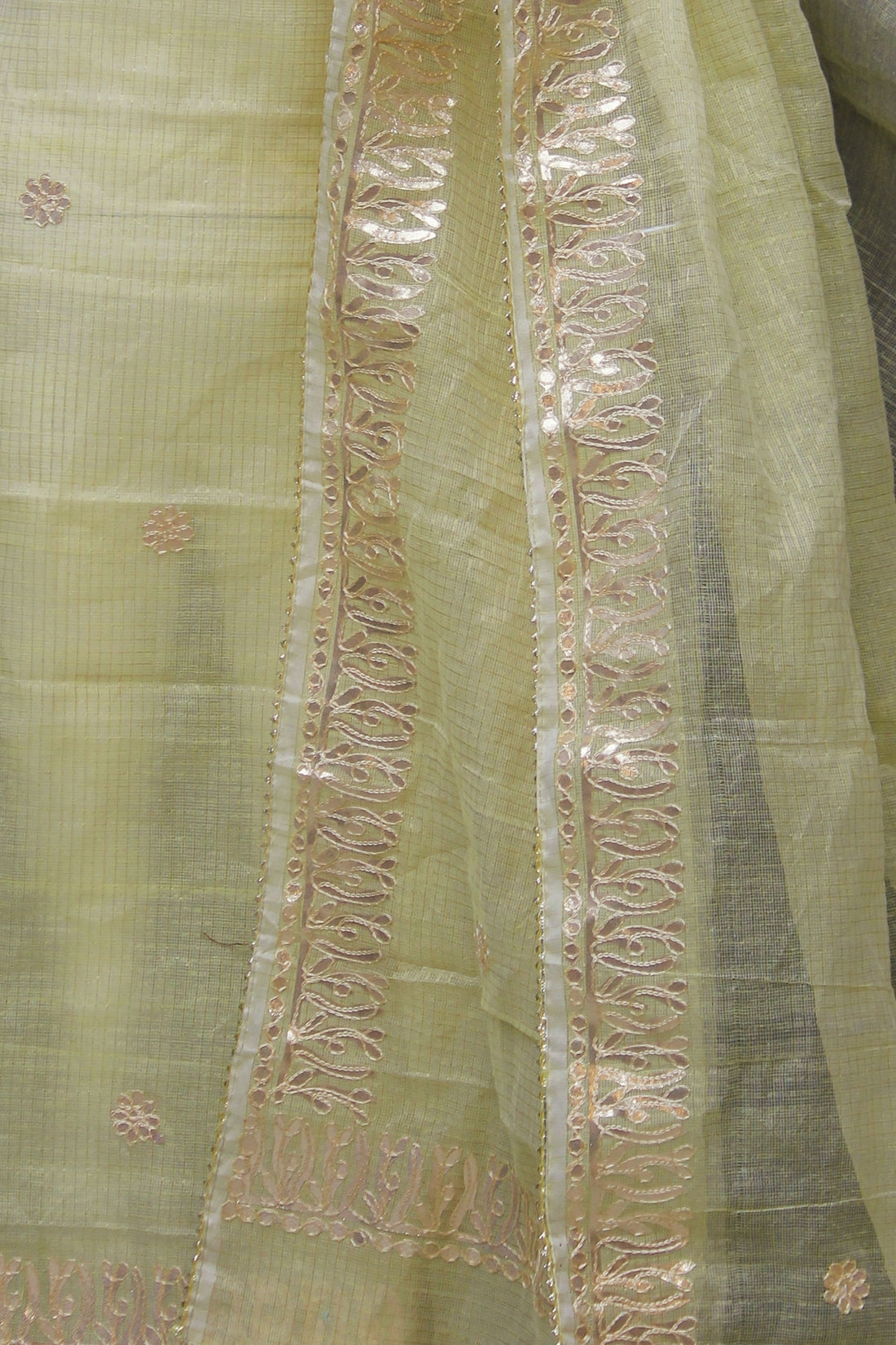 Lemon Kota Doria Cotton Gota-Patti Work Dress Material with Bottom