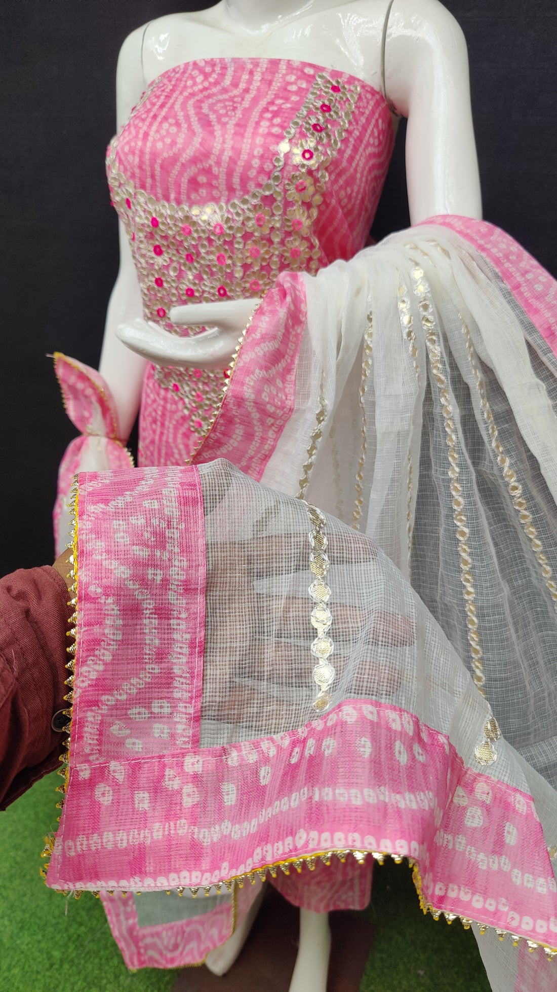 Pink Bandhej Kota Doria Cotton Gota-Patti Work Dress Material
