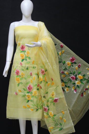 Yellow Kota Doria Cotton Hand Pented Dress Material With Bottom.