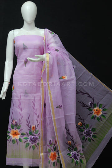 Purple Doria Cotton Hand Pented Dress Material With Bottom.