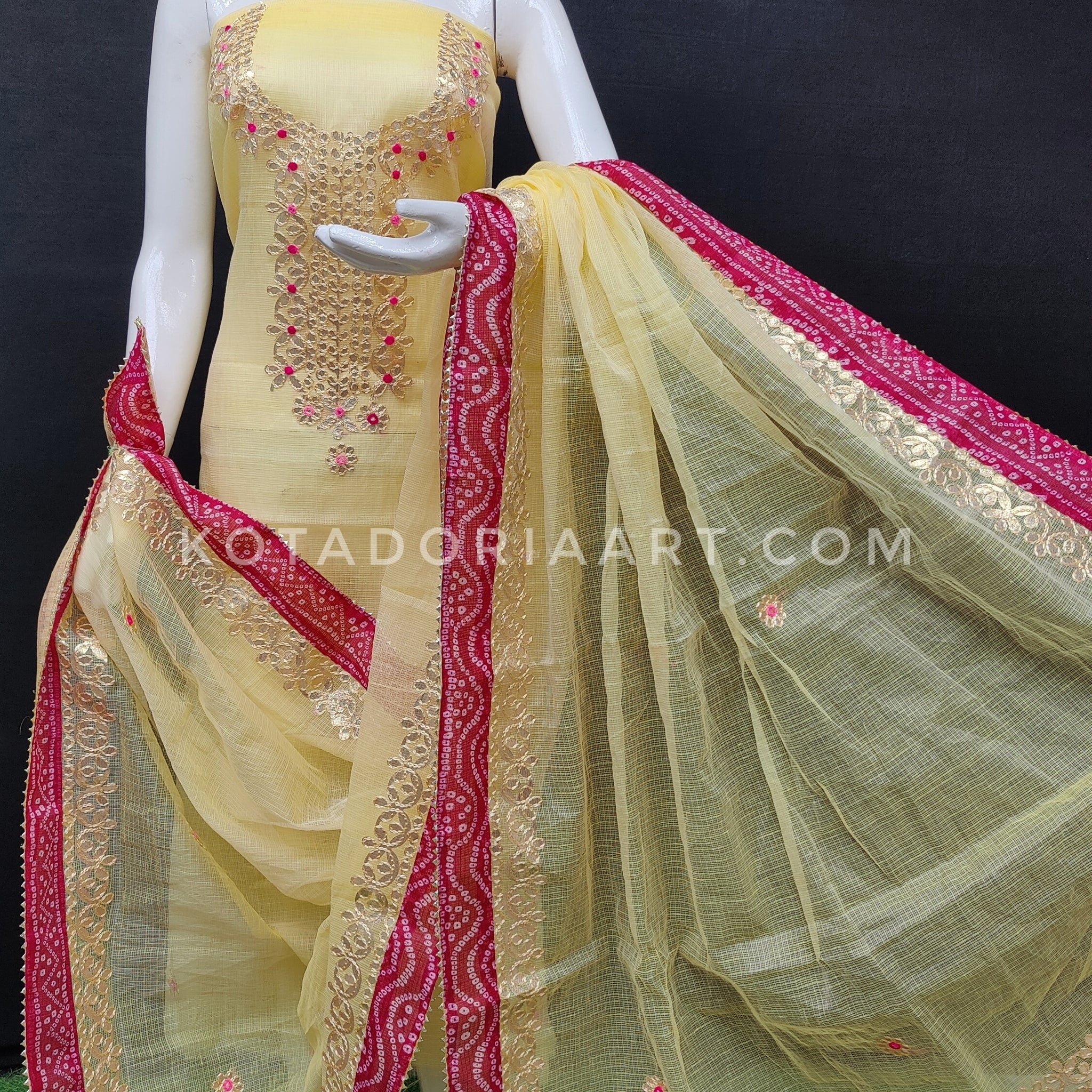 Yellow Bandhej Border Kota Doria Cotton Gota-Patti Work Dress Material