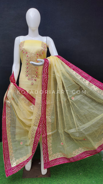 Yellow Bandhej Border Kota Doria Cotton Gota-Patti Work Dress Material