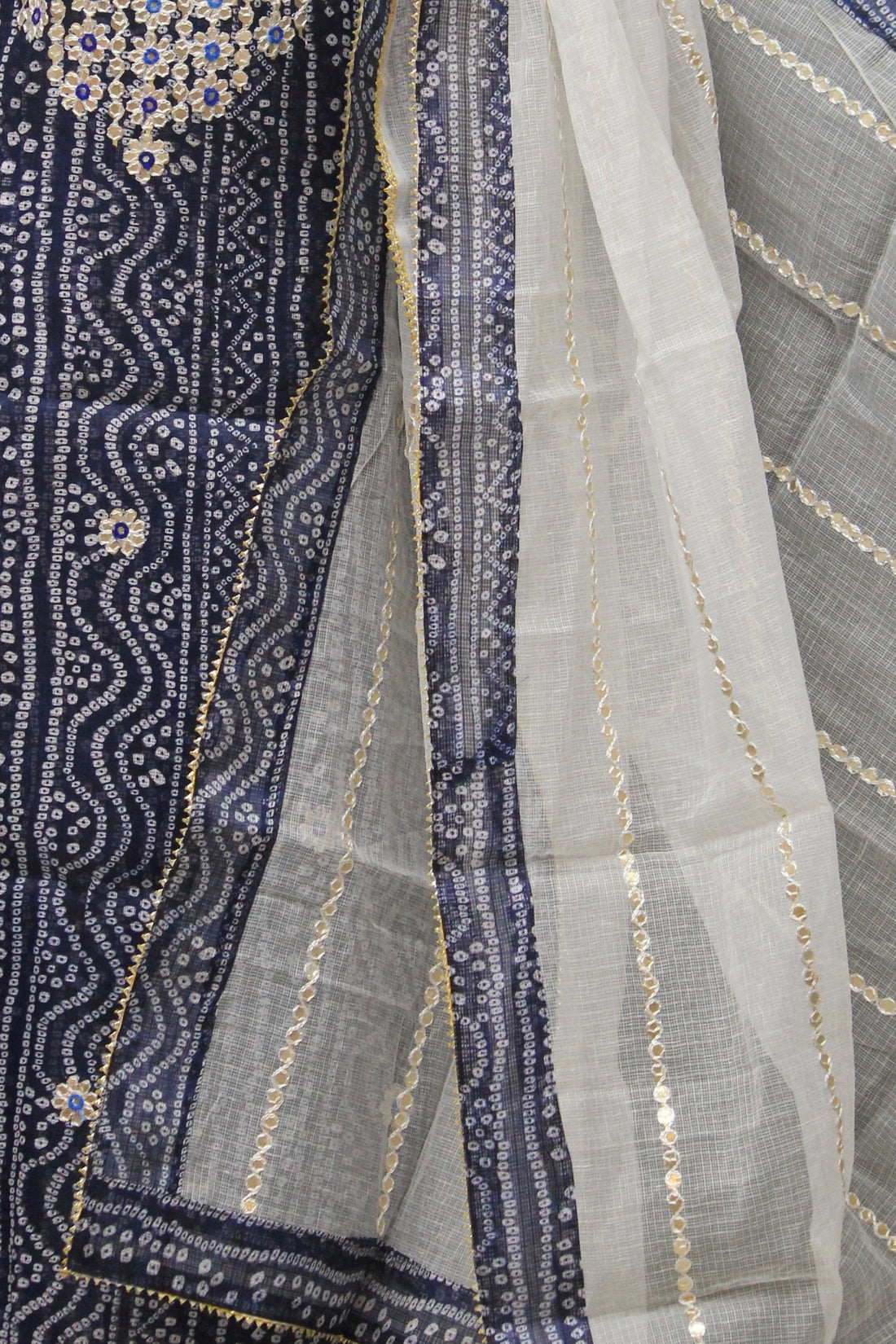 Blue Bandhej Kota Doria Cotton Gota-Patti Work Dress Material